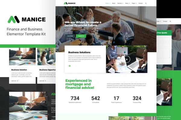 Manice business Elementor template kit cover showing finance website page layouts