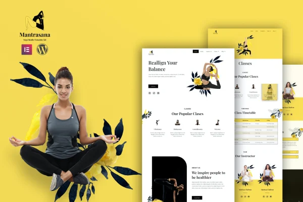 Mantrasana yoga studio Elementor template kit preview