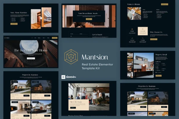Mantsion real estate Elementor template kit preview showing property website pages