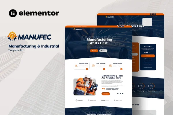 Manufec manufacturing and industrial Elementor template kit preview