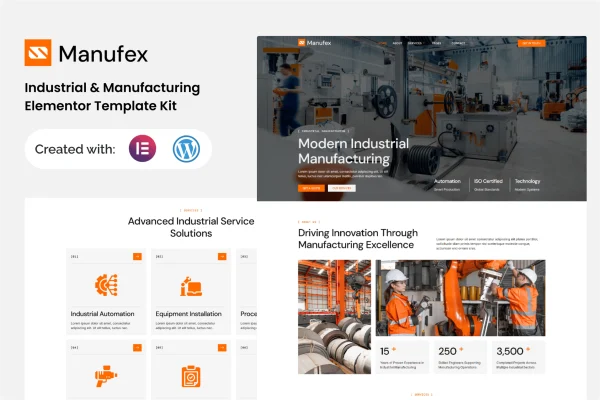 Manufex industrial and manufacturing Elementor template kit preview