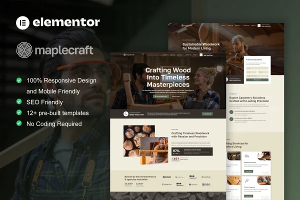 MapleCraft Elementor template kit preview for a carpenter and custom furniture website