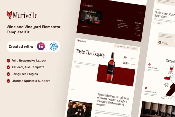 Marivelle wine and vineyard Elementor template kit cover showing winery website page layouts