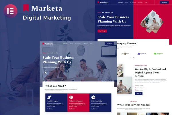Marketa digital agency Elementor template kit cover showing page layout previews