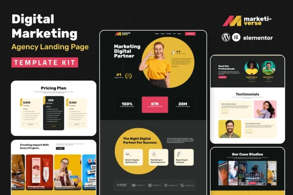 Marketiverse digital marketing services landing page Elementor template kit preview