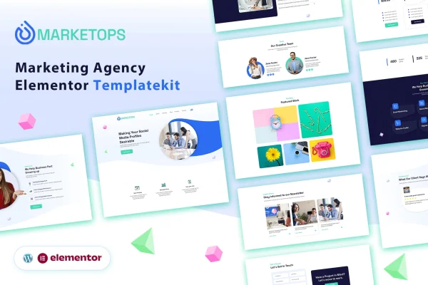 MARKETOPS marketing Elementor template kit preview showing agency website page layouts