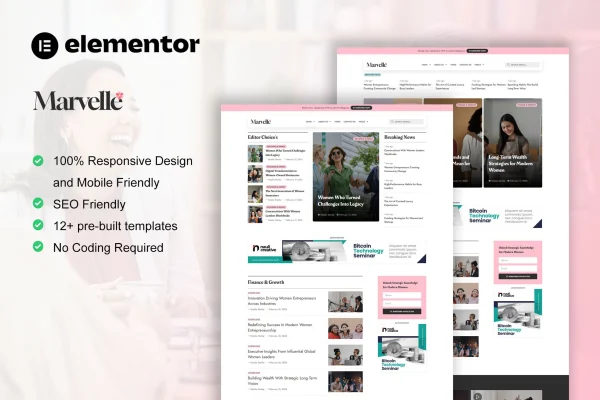 Marvelle feminine blog and magazine Elementor Pro template kit preview