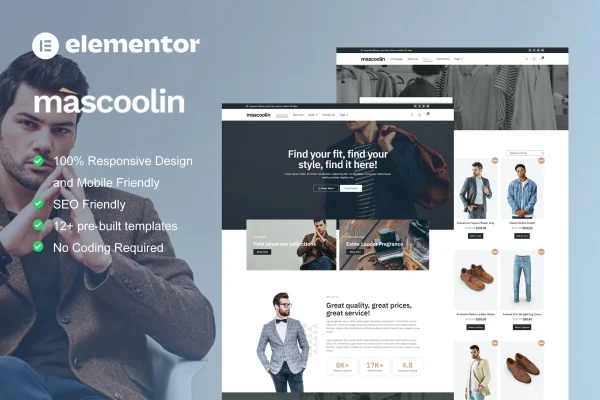 Mascoolin men's fashion store Elementor template kit preview