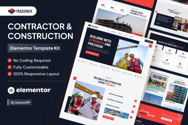 Masonix contractor and construction Elementor template kit preview