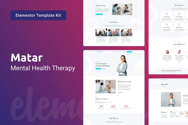 Matar mental health therapy Elementor template kit preview in grey and white