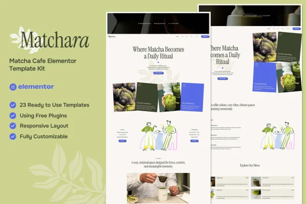 Matchara matcha cafe Elementor template kit preview with green tea themed page layouts