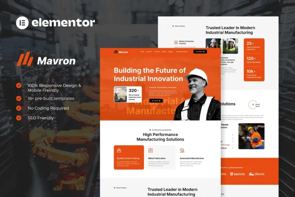 Mavron industrial and manufacturing Elementor template kit preview