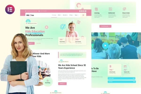 Mbolos kids school Elementor template kit preview with green gradient design
