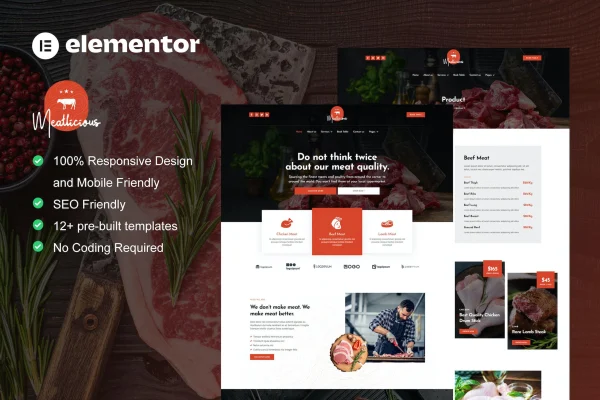 Meatlicious meat shop and butcher Elementor template kit preview