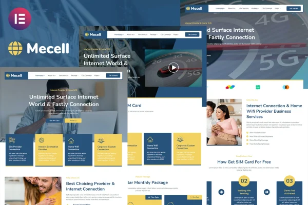 Mecell Elementor template kit preview for an internet and home WiFi service website
