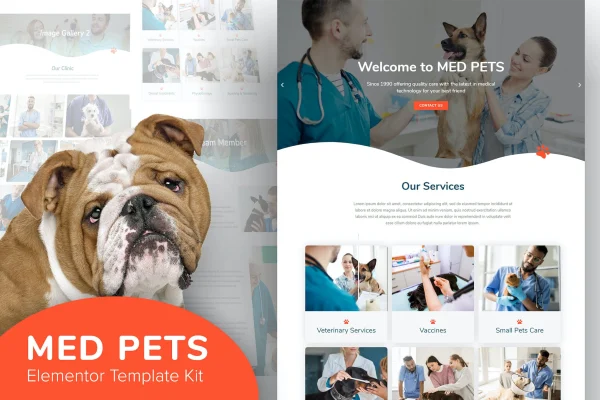 Med Pets veterinarian Elementor template kit preview with clinic page layouts