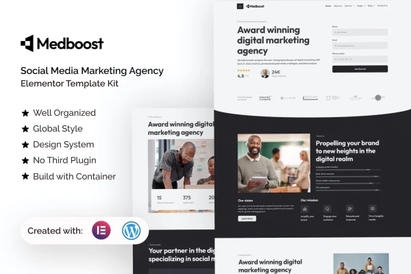 Medboost social media marketing agency Elementor template kit preview
