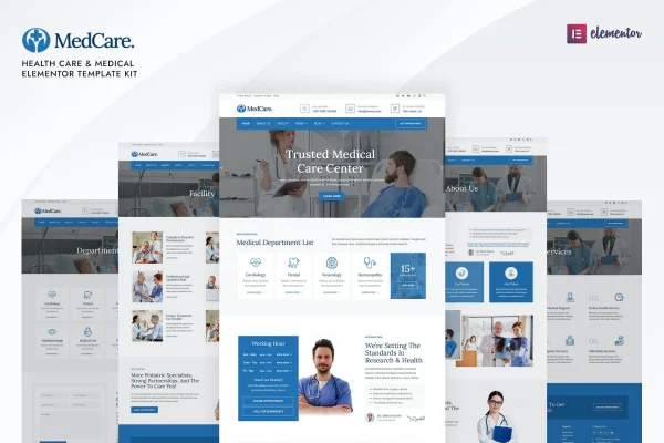 Medcare health care and medical Elementor template kit cover showing website page layouts