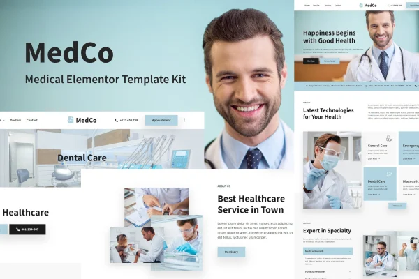Medco medical Elementor template kit preview showing clinic website pages