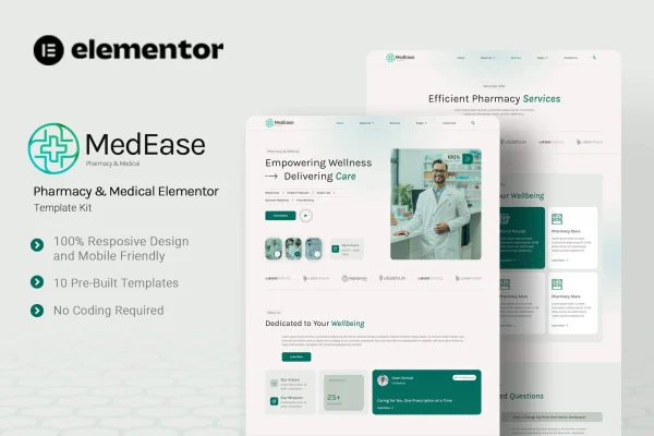 MedEase pharmacy and medical Elementor template kit preview