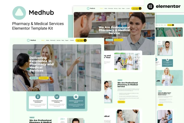 MedHub pharmacy and medical services Elementor template kit preview