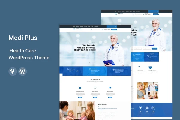 Medi Plus health care WordPress theme preview with clinic homepage layout