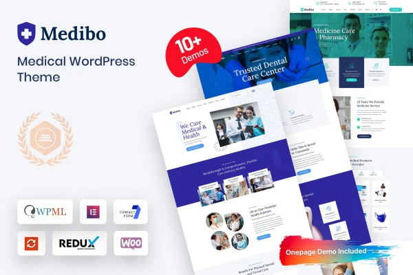Medibo medical WordPress theme preview with clinic homepage layout