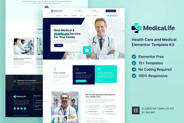 MedicaLife health care and medical Elementor template kit preview with dark design