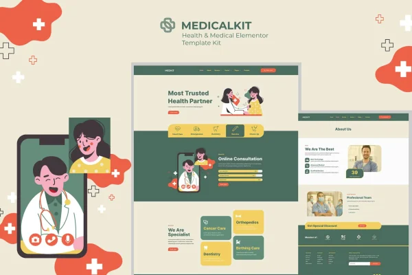 Medicalkit healthcare Elementor template kit preview showing clinic website pages
