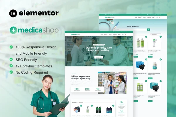 MedicaShop pharmacy and medical store Elementor template kit preview
