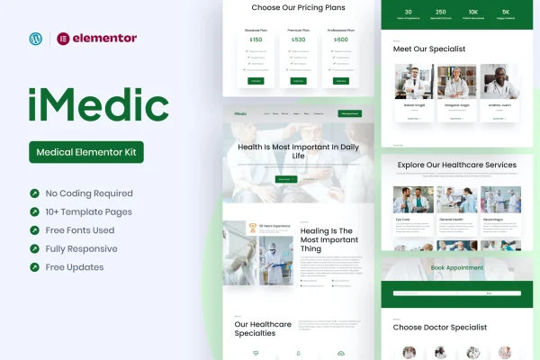 Medicly medical Elementor Pro template kit preview showing healthcare website pages