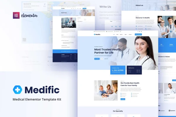 Medific medical Elementor template kit cover showing healthcare website page designs