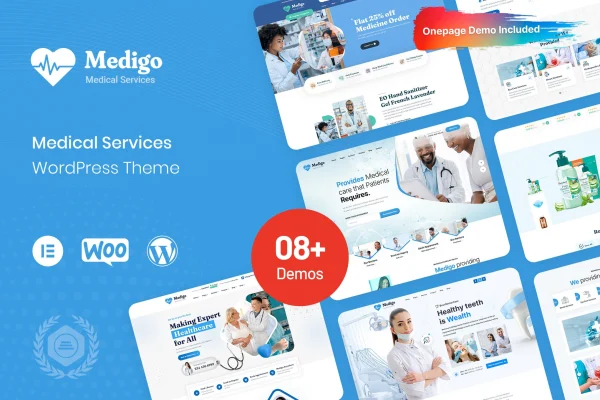 Medigo medical WordPress theme preview showing a clinic homepage layout