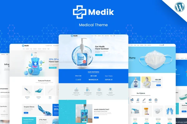 Medik medical WordPress theme preview showing a clinic website layout