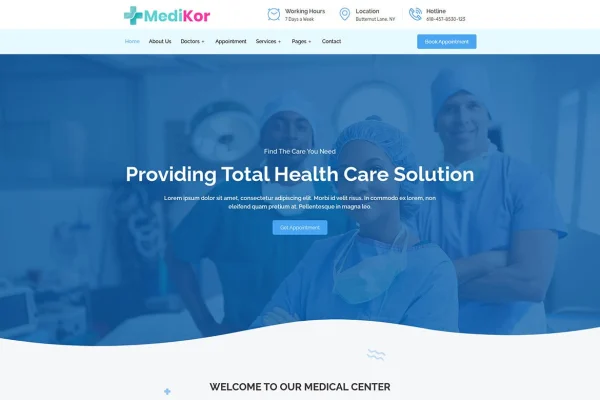 Medikor medical healthcare Elementor template kit cover with clinic website page previews