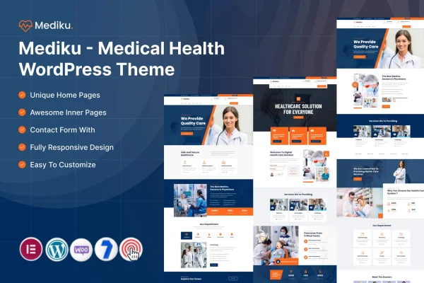 Mediku medical health WordPress theme preview with clinic homepage layout