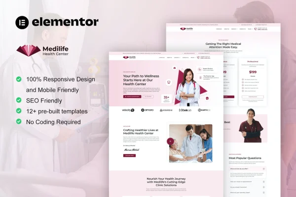 MediLife medical clinic Elementor template kit preview with page layouts