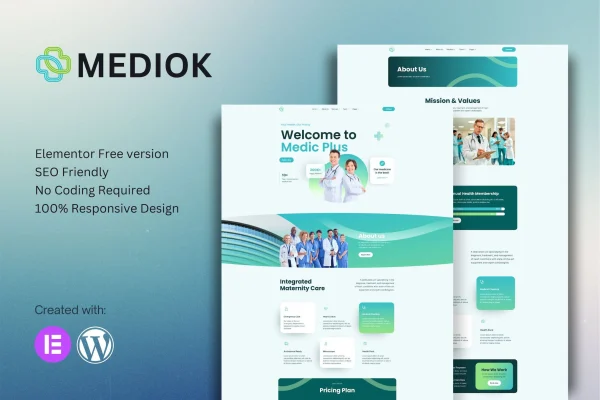 Mediok medical Elementor template kit preview with healthcare website page layouts