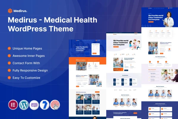 Medirus medical health WordPress theme preview with clinic homepage layout