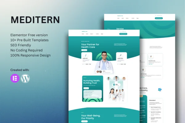Meditern medical Elementor template kit cover showing healthcare website page layouts