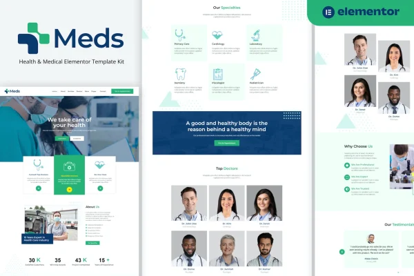 Meds health and medical Elementor template kit preview
