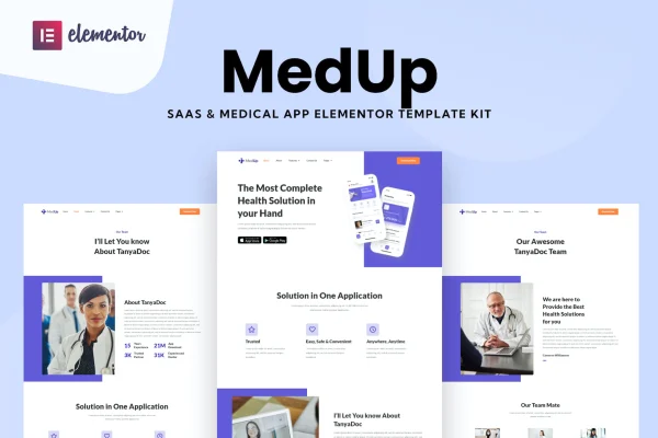 MedUp Medical SaaS Elementor template kit cover showing page layouts
