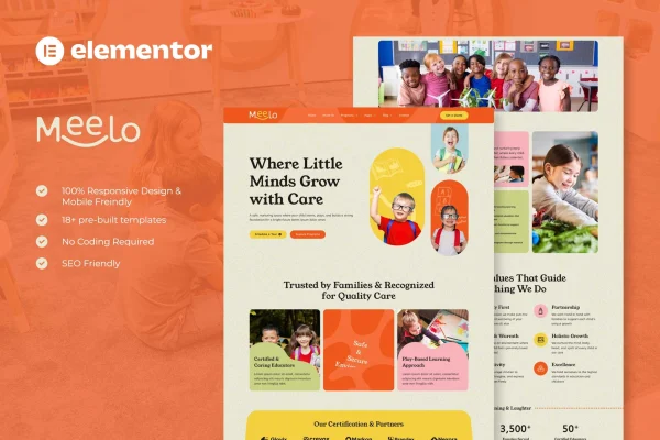 Meelo kindergarten and child care Elementor template kit preview