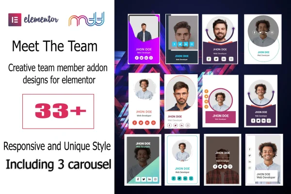 Meet The Team for Elementor plugin banner with team member card designs