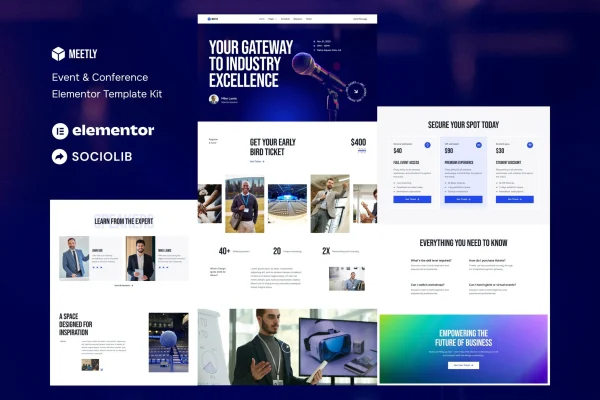Meetly event and conference Elementor template kit preview