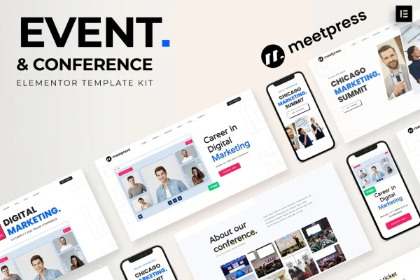 Meetpress Elementor template kit cover showing event and conference page designs