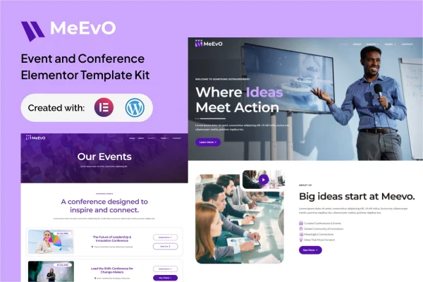 Meevo event and conference Elementor template kit preview
