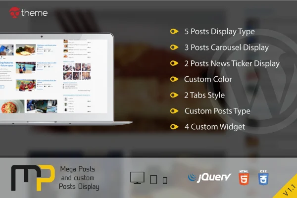 Mega Posts and custom Posts Display plugin banner with post layouts and carousels