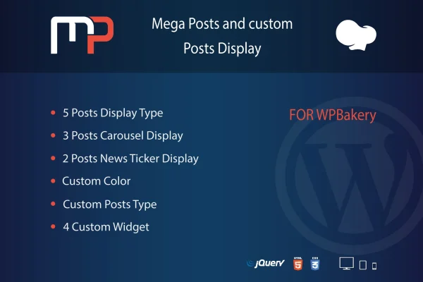 Mega Posts Display for WPBakery plugin banner showing post grid and carousel layouts