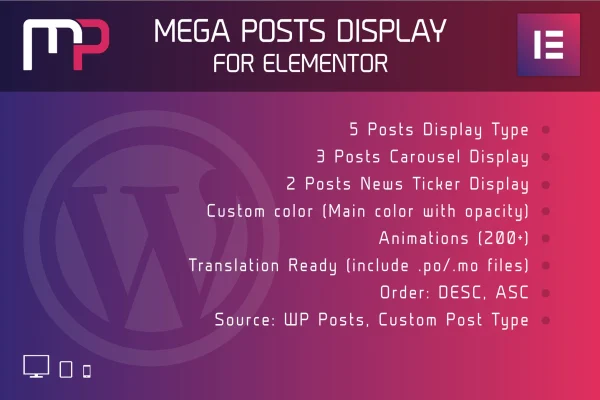 Mega Posts Display for Elementor plugin banner showing post grid and carousel layouts